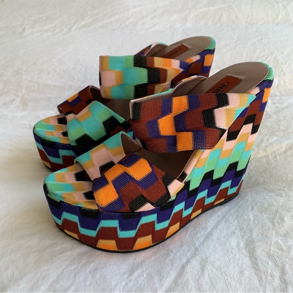 Missoni Rainbow Print Chevron Knit Strap Strappy Platform Chunky Wedges Heels - Picture 3 of 8